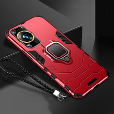 Silicone Matte Finish and Plastic Back Cover Case with Magnetic Finger Ring Stand R01 for Huawei P60 Pro Red