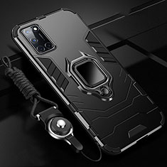 Silicone Matte Finish and Plastic Back Cover Case with Magnetic Finger Ring Stand R01 for Oppo A92 Black