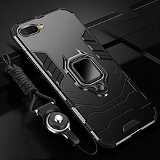 Silicone Matte Finish and Plastic Back Cover Case with Magnetic Finger Ring Stand R01 for Oppo R17 Neo Black