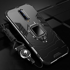 Silicone Matte Finish and Plastic Back Cover Case with Magnetic Finger Ring Stand R01 for Oppo R17 Pro Black