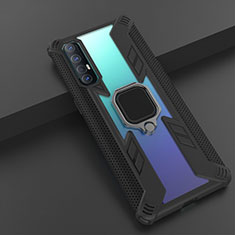 Silicone Matte Finish and Plastic Back Cover Case with Magnetic Finger Ring Stand R01 for Oppo Reno3 Pro Black