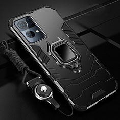 Silicone Matte Finish and Plastic Back Cover Case with Magnetic Finger Ring Stand R01 for Oppo Reno7 Pro 5G Black