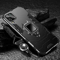 Silicone Matte Finish and Plastic Back Cover Case with Magnetic Finger Ring Stand R01 for Samsung Galaxy A12 Nacho Black