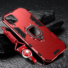 Silicone Matte Finish and Plastic Back Cover Case with Magnetic Finger Ring Stand R01 for Samsung Galaxy A12 Nacho Red