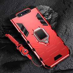 Silicone Matte Finish and Plastic Back Cover Case with Magnetic Finger Ring Stand R01 for Samsung Galaxy A80 Red