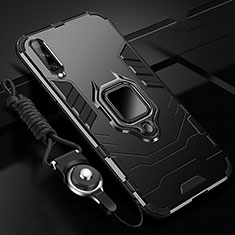 Silicone Matte Finish and Plastic Back Cover Case with Magnetic Finger Ring Stand R01 for Samsung Galaxy A90 5G Black