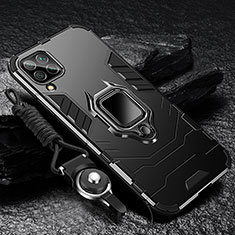 Silicone Matte Finish and Plastic Back Cover Case with Magnetic Finger Ring Stand R01 for Samsung Galaxy M22 4G Black