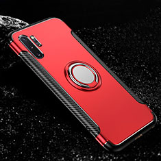 Silicone Matte Finish and Plastic Back Cover Case with Magnetic Finger Ring Stand R01 for Samsung Galaxy Note 10 Plus Red