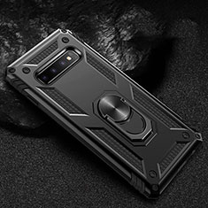 Silicone Matte Finish and Plastic Back Cover Case with Magnetic Finger Ring Stand R01 for Samsung Galaxy S10 5G Black
