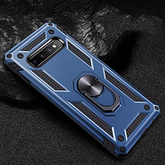 Silicone Matte Finish and Plastic Back Cover Case with Magnetic Finger Ring Stand R01 for Samsung Galaxy S10 Blue