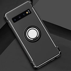 Silicone Matte Finish and Plastic Back Cover Case with Magnetic Finger Ring Stand R01 for Samsung Galaxy S10 Plus Black