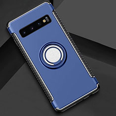 Silicone Matte Finish and Plastic Back Cover Case with Magnetic Finger Ring Stand R01 for Samsung Galaxy S10 Plus Blue
