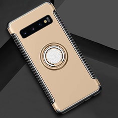 Silicone Matte Finish and Plastic Back Cover Case with Magnetic Finger Ring Stand R01 for Samsung Galaxy S10 Plus Gold
