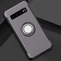 Silicone Matte Finish and Plastic Back Cover Case with Magnetic Finger Ring Stand R01 for Samsung Galaxy S10 Plus Gray