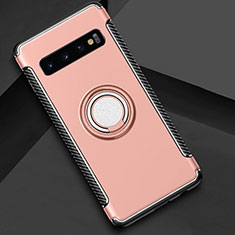 Silicone Matte Finish and Plastic Back Cover Case with Magnetic Finger Ring Stand R01 for Samsung Galaxy S10 Plus Rose Gold