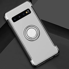 Silicone Matte Finish and Plastic Back Cover Case with Magnetic Finger Ring Stand R01 for Samsung Galaxy S10 Plus Silver
