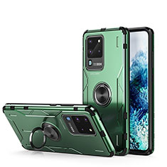 Silicone Matte Finish and Plastic Back Cover Case with Magnetic Finger Ring Stand R01 for Samsung Galaxy S20 Ultra 5G Green