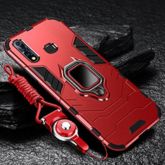 Silicone Matte Finish and Plastic Back Cover Case with Magnetic Finger Ring Stand R01 for Vivo Y19 Red