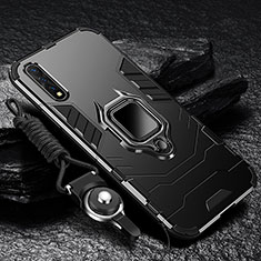 Silicone Matte Finish and Plastic Back Cover Case with Magnetic Finger Ring Stand R01 for Vivo Y7s Black