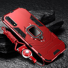 Silicone Matte Finish and Plastic Back Cover Case with Magnetic Finger Ring Stand R01 for Vivo Y7s Red