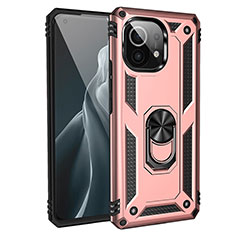 Silicone Matte Finish and Plastic Back Cover Case with Magnetic Finger Ring Stand R01 for Xiaomi Mi 11 5G Rose Gold