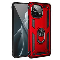 Silicone Matte Finish and Plastic Back Cover Case with Magnetic Finger Ring Stand R01 for Xiaomi Mi 11 Lite 5G Red