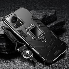 Silicone Matte Finish and Plastic Back Cover Case with Magnetic Finger Ring Stand R01 for Xiaomi Mi 13 Lite 5G Black