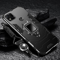 Silicone Matte Finish and Plastic Back Cover Case with Magnetic Finger Ring Stand R01 for Xiaomi Redmi 10A 4G Black