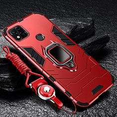 Silicone Matte Finish and Plastic Back Cover Case with Magnetic Finger Ring Stand R01 for Xiaomi Redmi 9 India Red