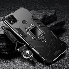 Silicone Matte Finish and Plastic Back Cover Case with Magnetic Finger Ring Stand R01 for Xiaomi Redmi 9C Black
