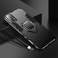 Silicone Matte Finish and Plastic Back Cover Case with Magnetic Finger Ring Stand R01 for Xiaomi Redmi 9T 4G Black