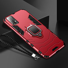 Silicone Matte Finish and Plastic Back Cover Case with Magnetic Finger Ring Stand R01 for Xiaomi Redmi 9T 4G Red