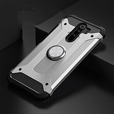 Silicone Matte Finish and Plastic Back Cover Case with Magnetic Finger Ring Stand R01 for Xiaomi Redmi Note 8 Pro Silver