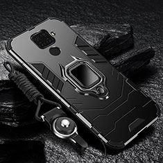Silicone Matte Finish and Plastic Back Cover Case with Magnetic Finger Ring Stand R01 for Xiaomi Redmi Note 9 Black