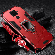 Silicone Matte Finish and Plastic Back Cover Case with Magnetic Finger Ring Stand R01 for Xiaomi Redmi Note 9 Red