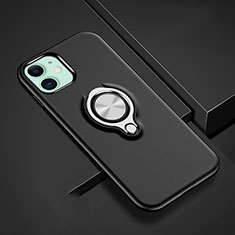Silicone Matte Finish and Plastic Back Cover Case with Magnetic Finger Ring Stand R02 for Apple iPhone 11 Black