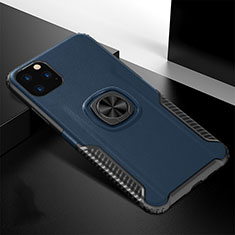 Silicone Matte Finish and Plastic Back Cover Case with Magnetic Finger Ring Stand R02 for Apple iPhone 11 Pro Blue
