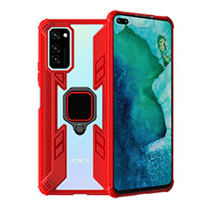Silicone Matte Finish and Plastic Back Cover Case with Magnetic Finger Ring Stand R02 for Huawei Honor View 30 5G Red
