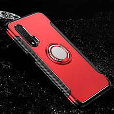Silicone Matte Finish and Plastic Back Cover Case with Magnetic Finger Ring Stand R02 for Huawei Nova 6 Red