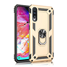 Silicone Matte Finish and Plastic Back Cover Case with Magnetic Finger Ring Stand R02 for Samsung Galaxy A70S Gold