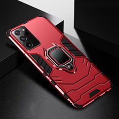 Silicone Matte Finish and Plastic Back Cover Case with Magnetic Finger Ring Stand R02 for Samsung Galaxy Note 20 Ultra 5G Red