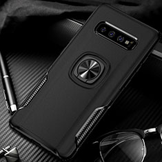 Silicone Matte Finish and Plastic Back Cover Case with Magnetic Finger Ring Stand R02 for Samsung Galaxy S10 5G Black