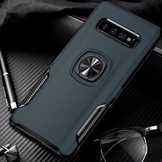 Silicone Matte Finish and Plastic Back Cover Case with Magnetic Finger Ring Stand R02 for Samsung Galaxy S10 5G Green