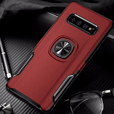 Silicone Matte Finish and Plastic Back Cover Case with Magnetic Finger Ring Stand R02 for Samsung Galaxy S10 5G Red