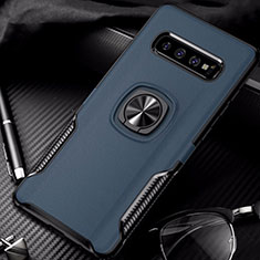 Silicone Matte Finish and Plastic Back Cover Case with Magnetic Finger Ring Stand R02 for Samsung Galaxy S10 Blue