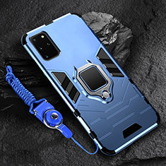 Silicone Matte Finish and Plastic Back Cover Case with Magnetic Finger Ring Stand R02 for Samsung Galaxy S20 Plus Blue