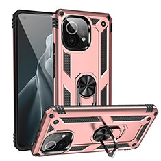 Silicone Matte Finish and Plastic Back Cover Case with Magnetic Finger Ring Stand R02 for Xiaomi Mi 11 5G Rose Gold