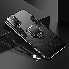 Silicone Matte Finish and Plastic Back Cover Case with Magnetic Finger Ring Stand R02 for Xiaomi Mi 11X Pro 5G Black