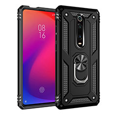 Silicone Matte Finish and Plastic Back Cover Case with Magnetic Finger Ring Stand R02 for Xiaomi Mi 9T Black