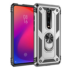 Silicone Matte Finish and Plastic Back Cover Case with Magnetic Finger Ring Stand R02 for Xiaomi Mi 9T Pro Silver